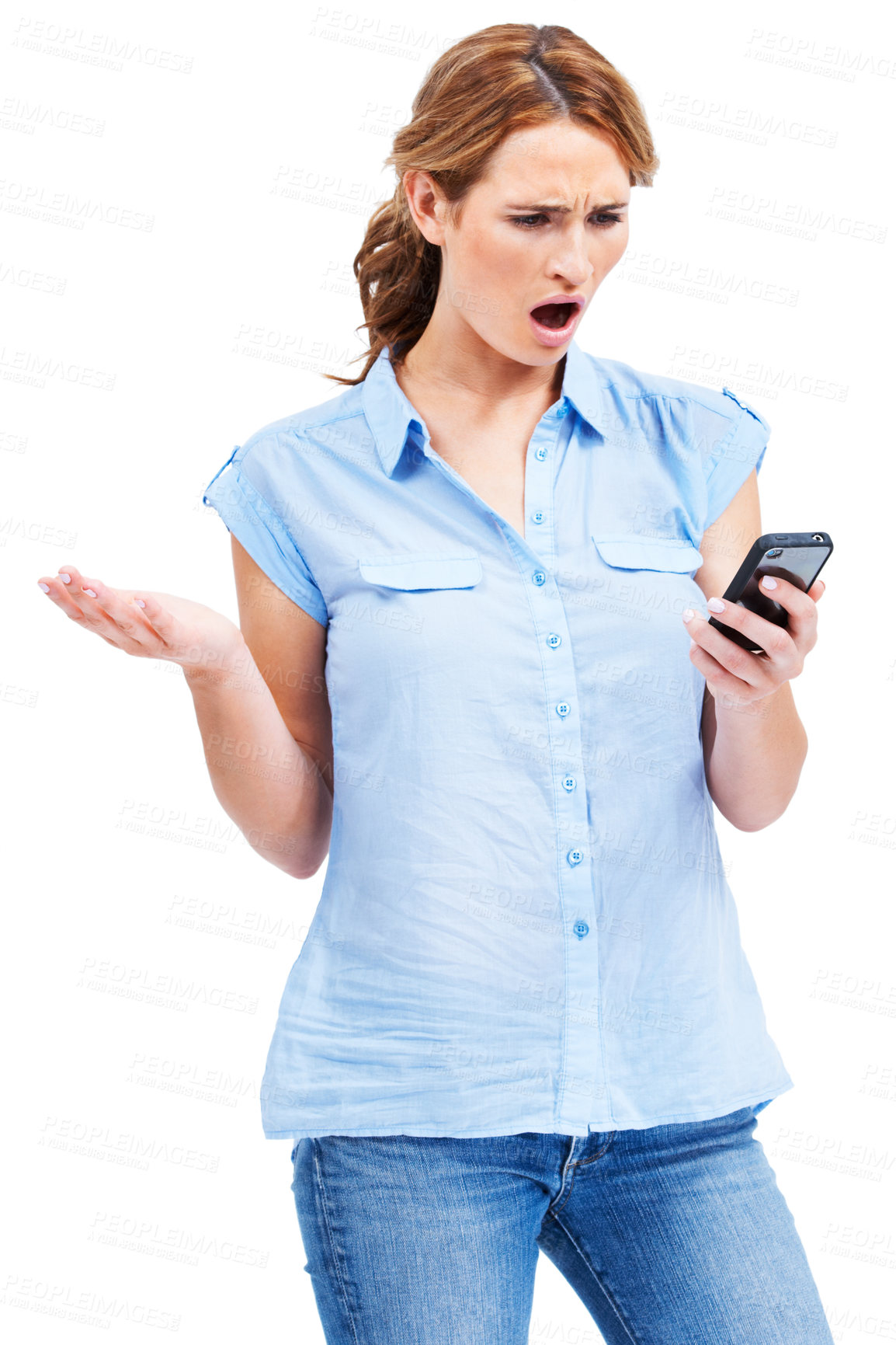 Buy stock photo Beautiful young woman looking shocked and offended by a rude text message