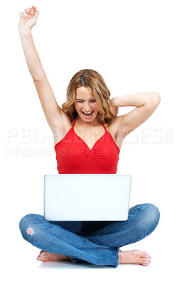 Buy stock photo Smile, excited and woman with celebration, laptop and internet connection isolated on white studio background. Person, girl or model with a pc, achievement or success with positive email notification