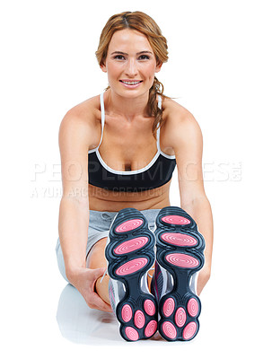 Buy stock photo Portrait, fitness and stretching with a sports woman in studio isolated on white background for a warm up. Exercise, smile and a happy young athlete getting ready for a workout or training for health