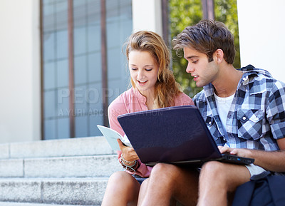 Buy stock photo University, learning and students with laptop on building steps for team project research. Education, studying and gen z friends online on stairs with book for assignment, exam or homework discussion