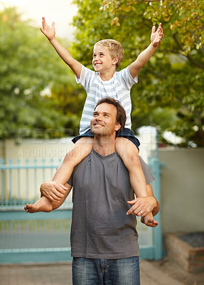 Buy stock photo Piggy back, dad and son in backyard, cute bonding together with care and love outside home. Outdoor fun, support and father holding playful child with smile, trust and happy man with kid in driveway.