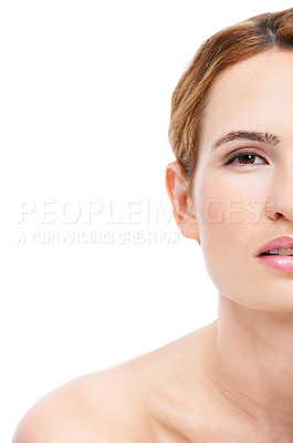 Buy stock photo Cropped portrait of a glamorous woman with glowing skin isolated on white