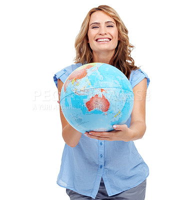 Buy stock photo A pretty young woman showing you Australia on a world globe