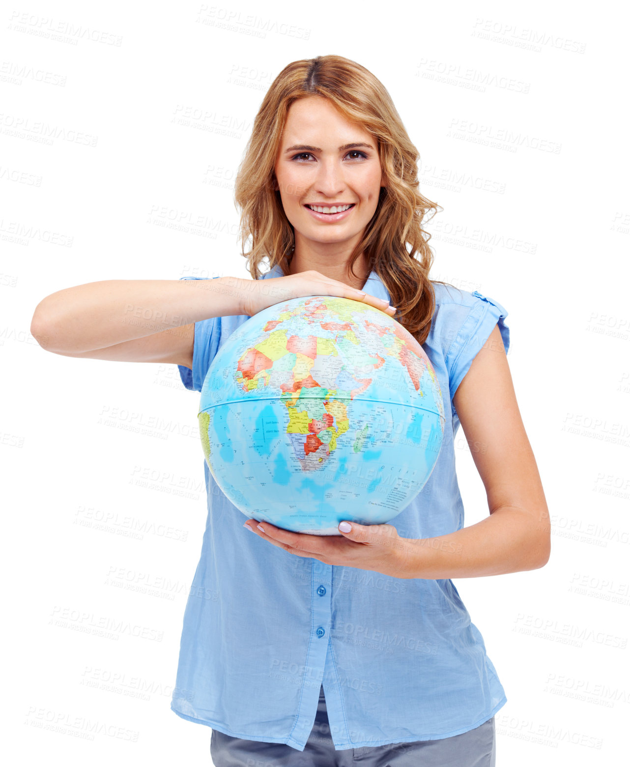 Buy stock photo Smile, portrait and woman with a globe in a studio for global maps, geography or earth day. Happy, education and female teacher with a world planet 3d model for a lesson isolated by white background.