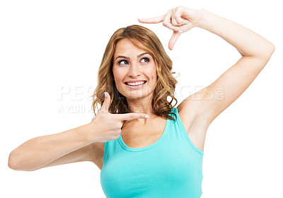 Buy stock photo Happy, woman and finger frame in studio to review profile picture on white background. Model, smile and thinking of perspective for photography ideas, planning selfie and hand sign to border face 