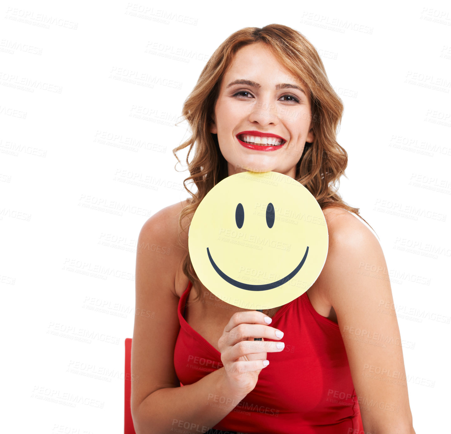 Buy stock photo Portrait, woman and smile emoji on paper in studio for good opinion, positive emotion and white background. Model show circle sign with happy face for joy, emoticon reaction or review on social media