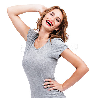 Buy stock photo Dance, woman and smile for portrait in studio to celebrate party, excited promotion or winning lotto on white background. Happy model, giveaway winner or energy for disco, music and laugh for freedom