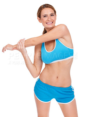 Buy stock photo Exercise, portrait and happy woman stretching body in studio for wellness, training or workout on white background. Fitness, face and female athlete with arm stretch for gym, sports and flexibility