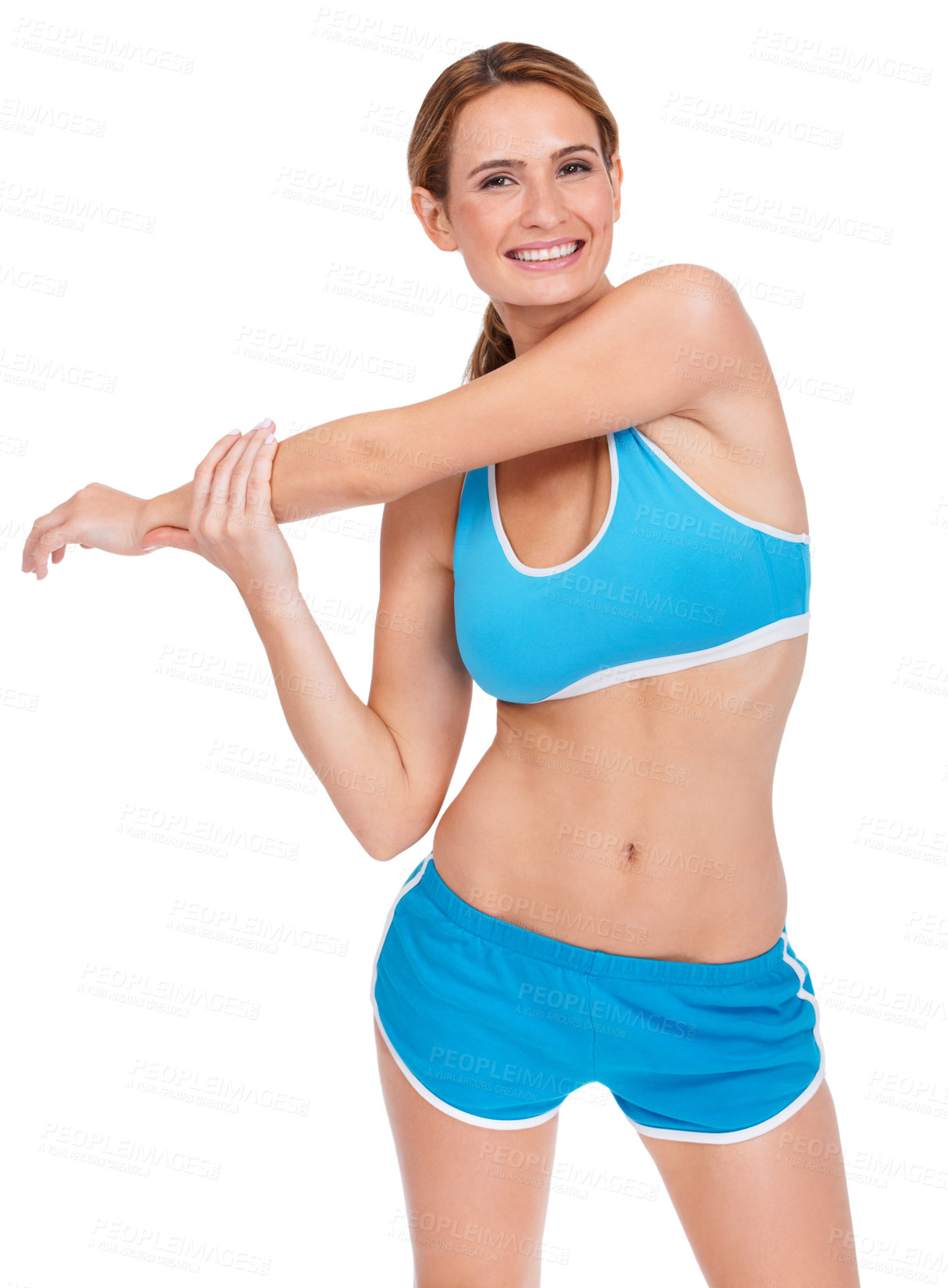 Buy stock photo Exercise, portrait and happy woman stretching body in studio for wellness, training or workout on white background. Fitness, face and female athlete with arm stretch for gym, sports and flexibility