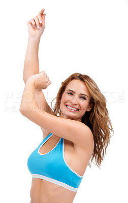 Buy stock photo Fitness, portrait and happy woman stretching arms in studio for wellness, training or workout on white background. Exercise, face and female athlete with body stretch for gym, sports and flexibility