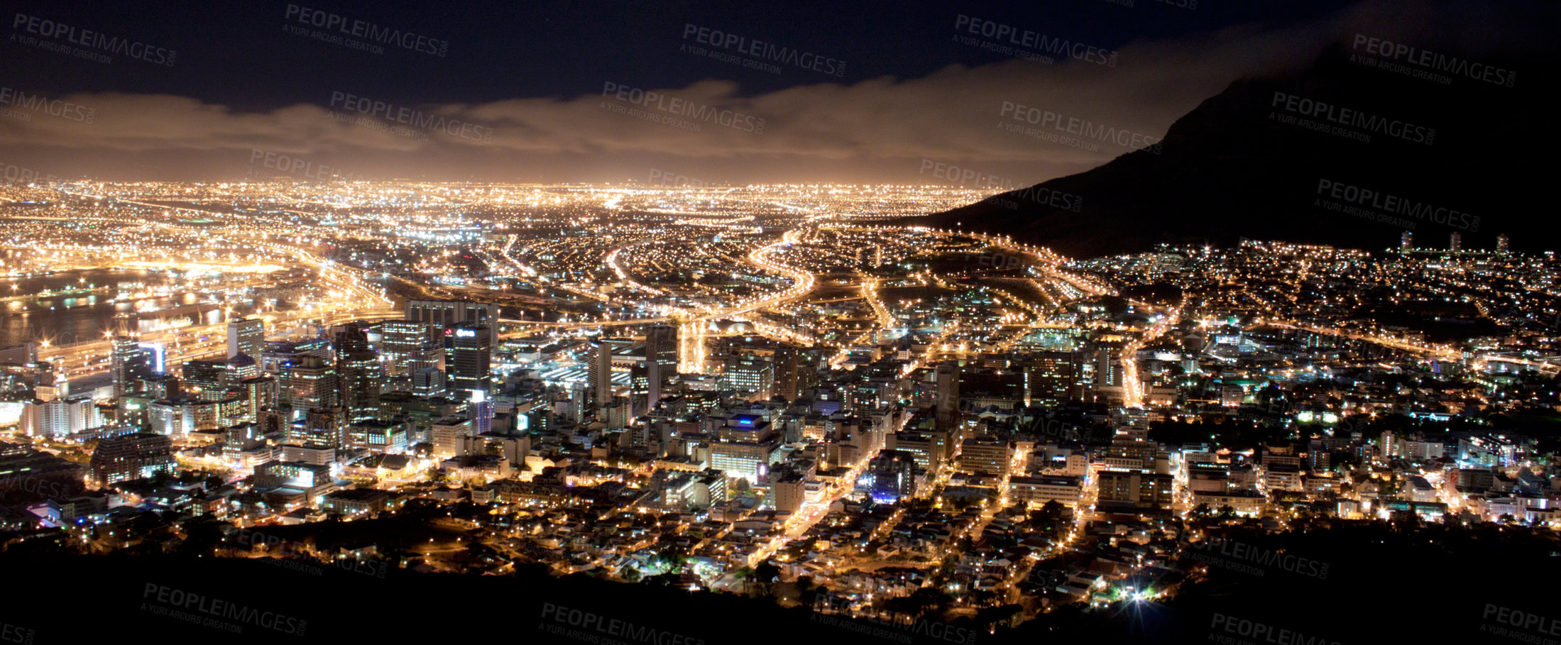 Buy stock photo City, lights and landscape with drone and night, panoramic view and outdoor, traffic and street infrastructure. Skyscraper, buildings and travel, aerial and skyline with urban cityscape background