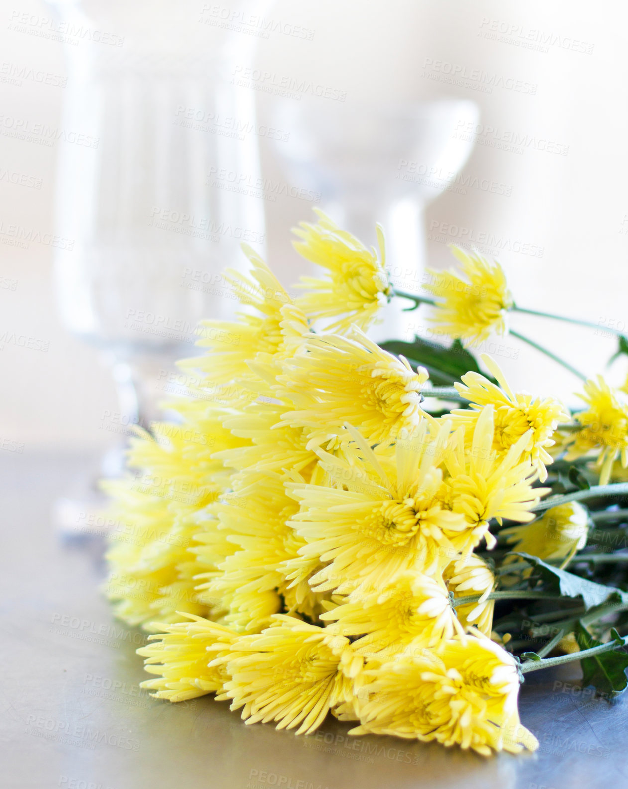 Buy stock photo Closeup of a fresh bouquet of yellow Florist's daisies on a table with copyspace. An empty home with a bunch of flowers on a counter as a celebration, romantic gesture, apology or welcome gesture 