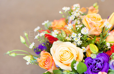 Buy stock photo Closeup of a fresh bouquet of colourful flowers with copy space isolated on brown. A bunch of vibrant flowers as a celebration, romantic gesture, apology, bridal bouquet or welcome gesture