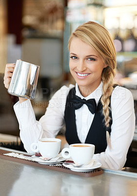 Buy stock photo Coffee, barista and portrait of woman waitress in elegant restaurant, event or dinner. Happy, smile and young female butler from Australia making a latte or cappuccino at luxury party or celebration.