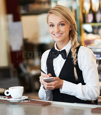 Buy stock photo Barista woman, writing and notes in portrait with service, drink and latte for job, cafe and order. Waitress, girl and server for tea, cappuccino or cocoa with notebook in shop, store or restaurant