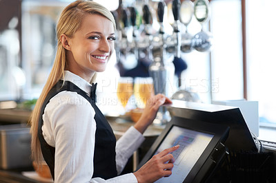 Buy stock photo Bartender woman, cash register and portrait with smile, payment and typing on touchscreen at small business. Barkeep, computer screen and click for order, menu and happy for service at restaurant