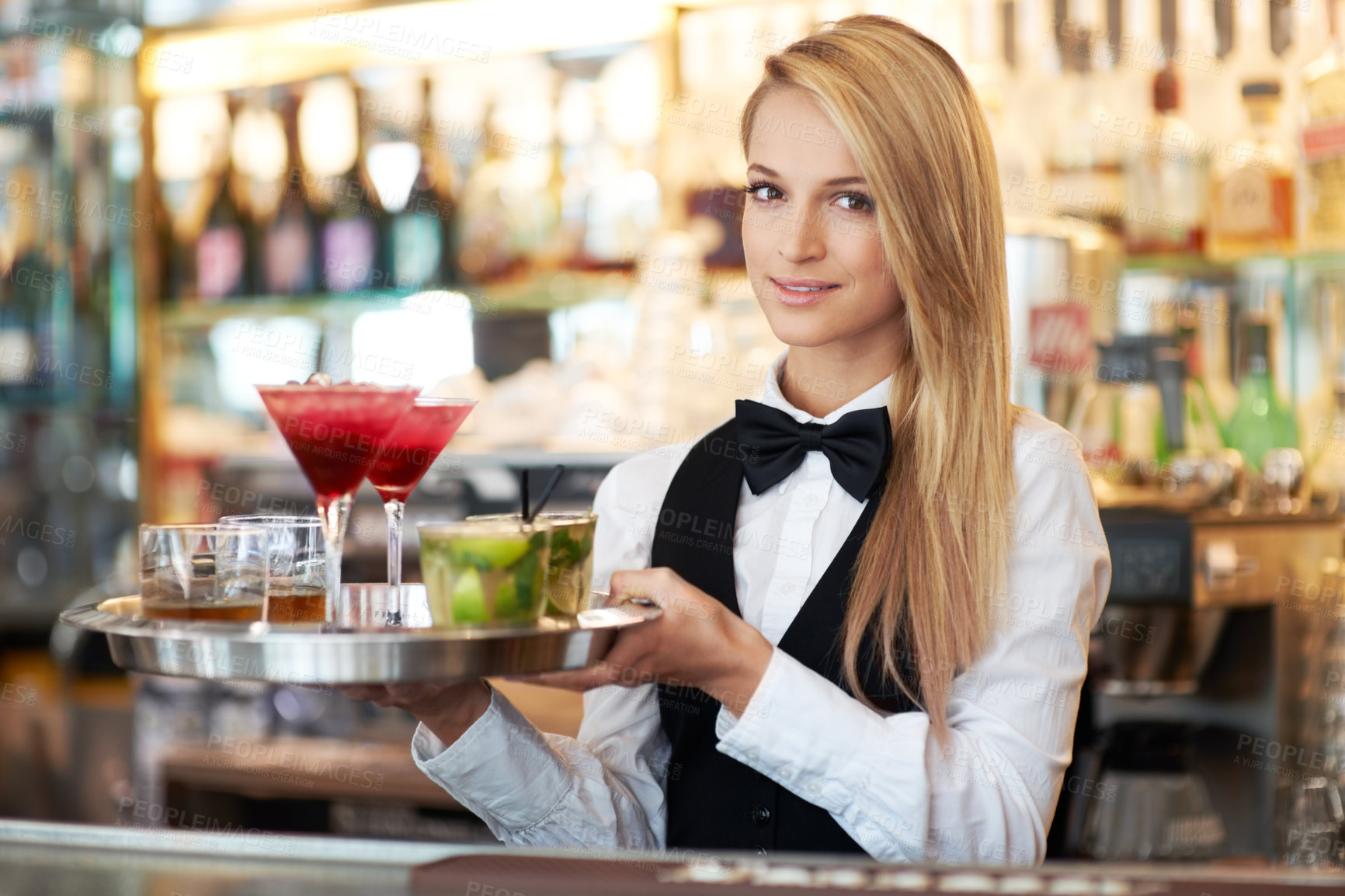 Buy stock photo Bartender woman, tray and cocktail in portrait for drink service, help and luxury customer experience. Server, waiter or girl with glasses, alcohol and smile with hospitality, catering or nightclub
