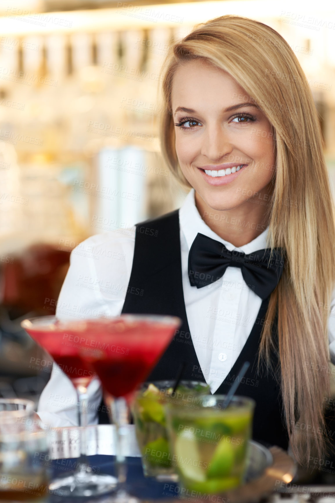 Buy stock photo Woman, bartender and waitress with cocktails at restaurant for happy hour, hospitality industry or customer service. Portrait of happy worker, server or catering employee with alcohol drinks in glass