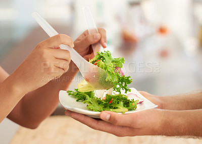 Buy stock photo Closeup of a healthy green salad being served