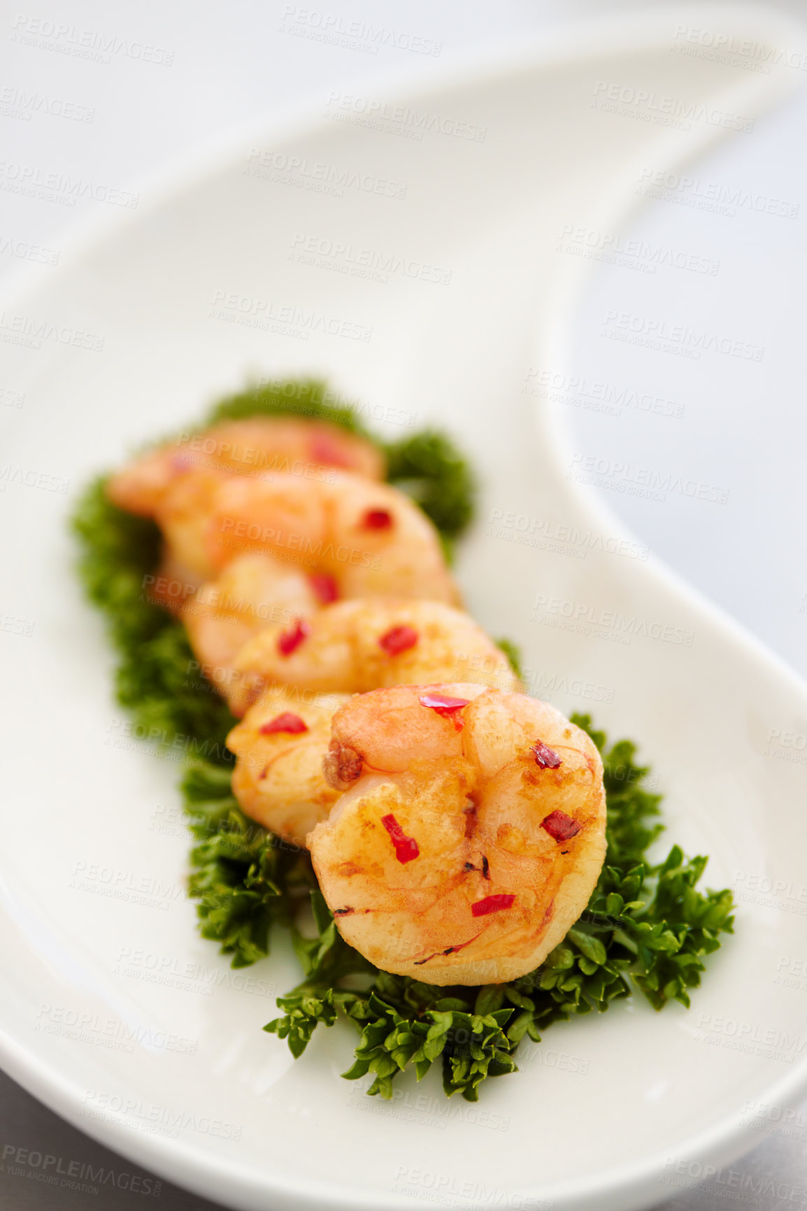 Buy stock photo Closeup parsley and prawn with nutrition, health and protein with healthy lifestyle, delicious and meal. Zoom, seafood on a plate and luxury fine dining with food, restaurant and expensive appetizer