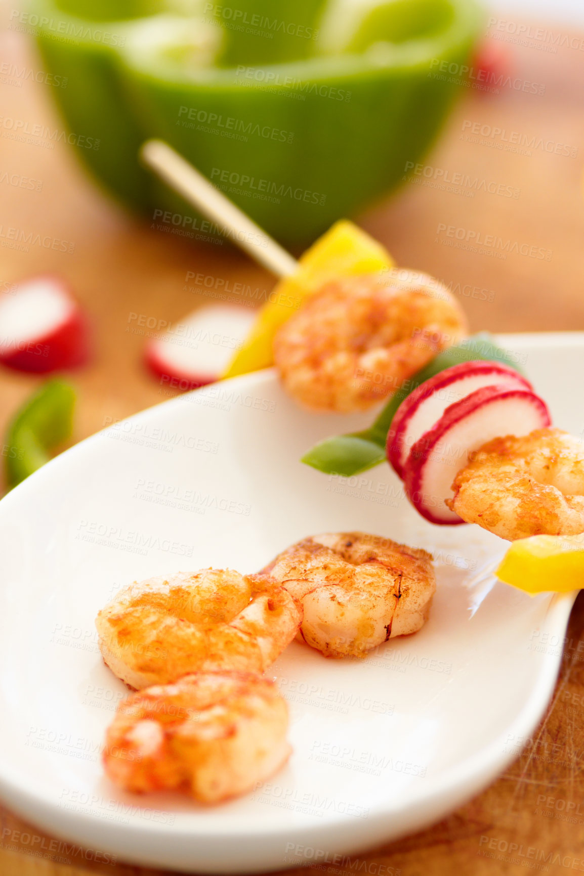 Buy stock photo Food, nutrition and prawn on a plate in a restaurant for hospitality in a luxury fine dining establishment. Shrimp, skewer and meal on a kitchen counter ready for serving in a hotel for healthy lunch