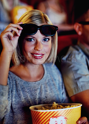 Buy stock photo Cinema, 3d glasses or portrait of happy woman with popcorn, watching film or eating in audience or performance. Movie, night and face in theater with snacks, eyewear and smile in auditorium to relax