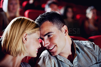Buy stock photo Cinema, date and happy couple watching movie, smile and romantic night together for show. Theater, man and woman with love, trust and care sitting in auditorium audience to relax at film premier