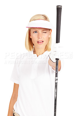 Buy stock photo Golf, aim and measure with a sports woman in studio on a white background for a game on a course. Training, challenge and club with a female golfer or athlete aiming while lining up a shot or stroke