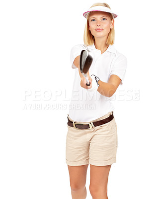 Buy stock photo Woman in portrait with golf club, sports and golf with fitness and training mockup against white background. Sport motivation, exercise and golfer athlete, focus and wellness with active health