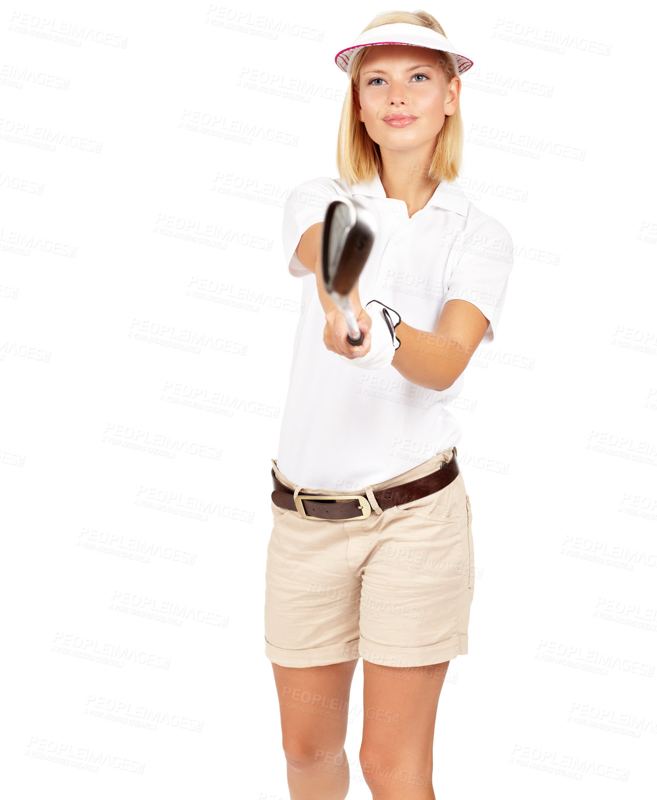 Buy stock photo Woman in portrait with golf club, sports and golf with fitness and training mockup against white background. Sport motivation, exercise and golfer athlete, focus and wellness with active health