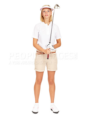Buy stock photo Woman, golf and sports portrait in studio for exercise, fitness training for golfing motivation on white background. Female golfer holding golf club while ready for a tournament, competition or match