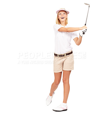 Buy stock photo Fitness, exercise and golf by woman in studio happy, relax and smile while training on white background. Sport, wellness and girl golf player laughing while playing, having fun and swinging golf club