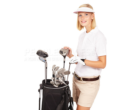 Buy stock photo Golf woman, club bag and studio portrait for health, motivation and sports equipment with smile by white background. Happy isolated golfer girl, wellness or golf training for game, sport and success