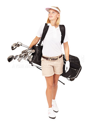 Buy stock photo Golf, sports and walking with a woman in studio isolated on a white background for her golfing hobby. Sport, golf club and a female golfer carrying her bag to a course while in sportswear or uniform