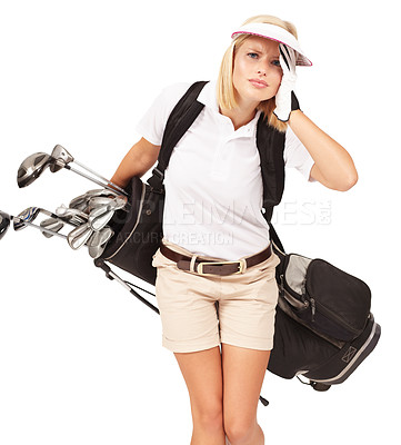 Buy stock photo Golf woman, club bag and headache in studio portrait with stress, tired and sports equipment by white background. Isolated golfer girl, iron or golf club backpack for game, sport and pain in head