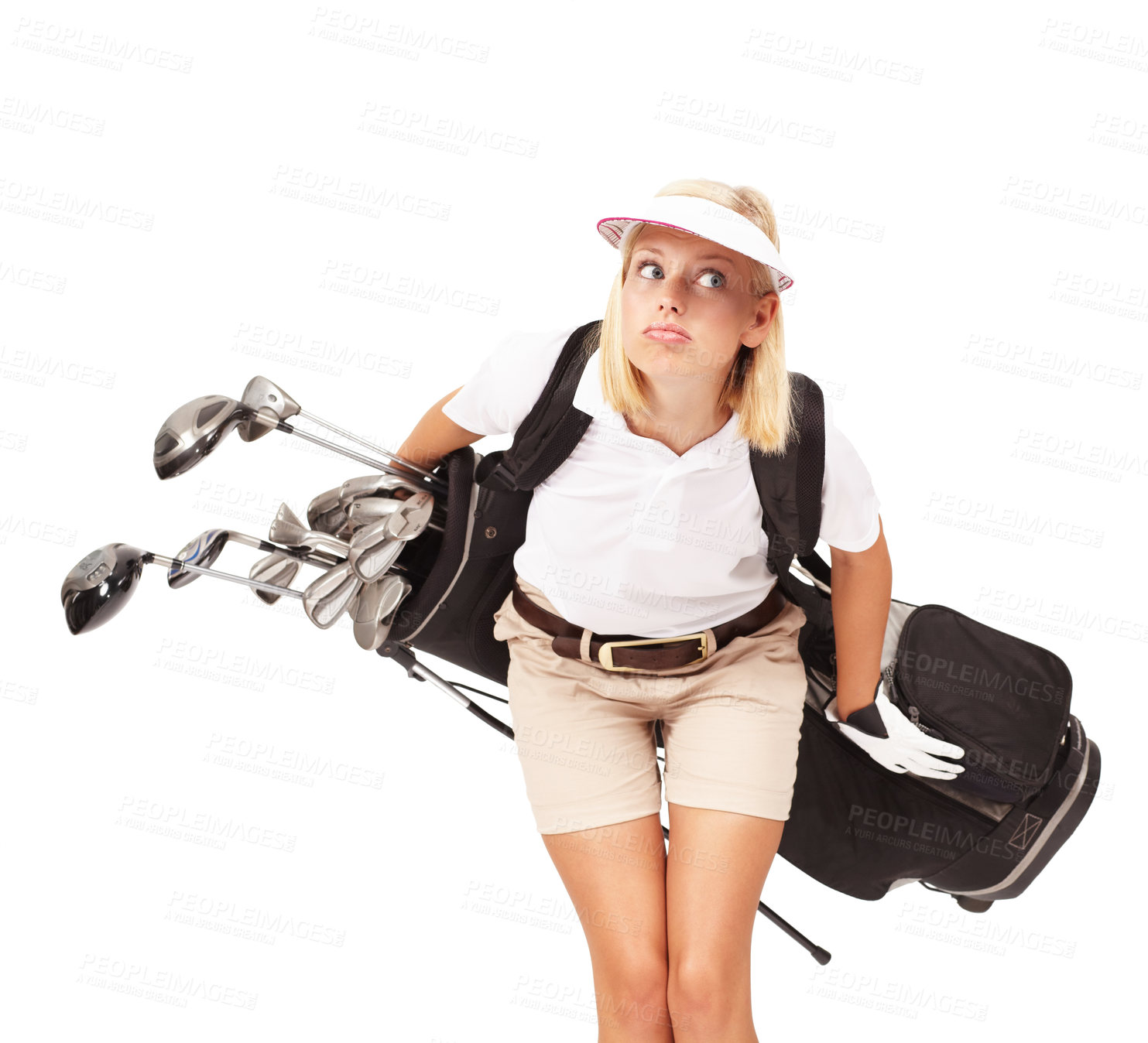 Buy stock photo Sports, golf and woman in a studio with clubs for exercise, training or golfing motivation. Fitness, athlete and female golfer with a confused expression holding equipment by a white background.