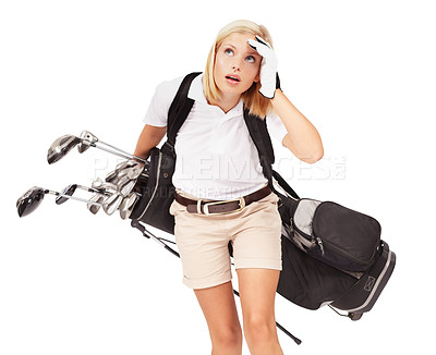 Buy stock photo Sports, beauty and woman with golf bag isolated with white background, fitness, sport and caddy looking up. Golf, competition and tired woman carrying heavy bag with golf clubs, exhausted in studio.