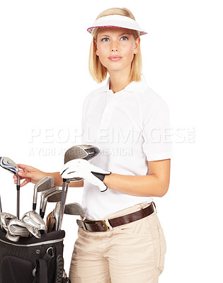 Buy stock photo Golf woman, club bag and focus in studio with goal, dream and sports equipment by white background. Isolated golfer girl, golf club backpack and mindset for game, sport and fitness for competition