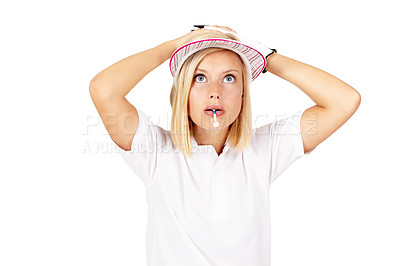Buy stock photo Golf, mistake and game with a sports woman in studio isolated on a white background looking worried. Shocked, surprised and biting a tee with a female golfer standing hands on head on blank space