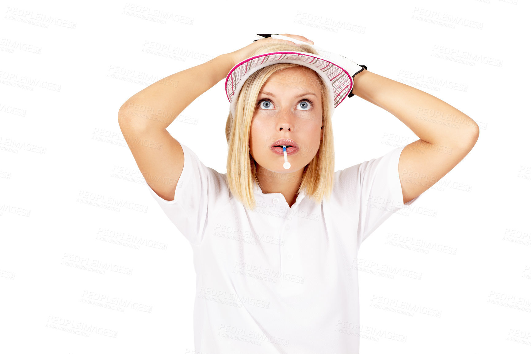 Buy stock photo Golf, mistake and game with a sports woman in studio isolated on a white background looking worried. Shocked, surprised and biting a tee with a female golfer standing hands on head on blank space