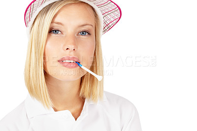 Buy stock photo Portrait, golf and mockup with a sports woman biting a tee in studio isolated on a white background. Face, game and sportswear with a female golfer posing on blank space for advertising or marketing