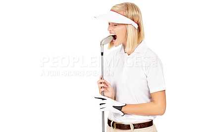 Buy stock photo Golf, club and frustrated sports woman with marketing mock up, studio advertising space or angry over game. Bite, challenge fail and golfer anger over competition mistake on mockup white background