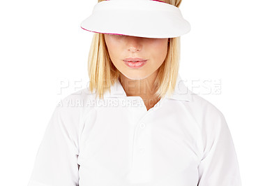 Buy stock photo Head, hat and golf with a sports woman in studio isolated on a white background for a game or golfing hobby. Sportswear, uniform and active with a female golfer posing on black space for sport