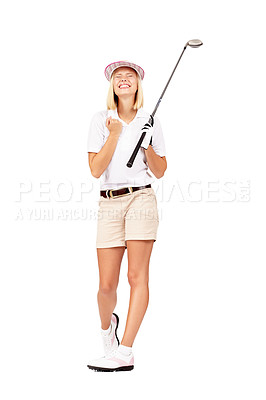 Buy stock photo Excited, golf and woman winning, smile and achievement for female player isolated on white studio background. Competitor, sports and player with happiness, gold and victory in competition or champion