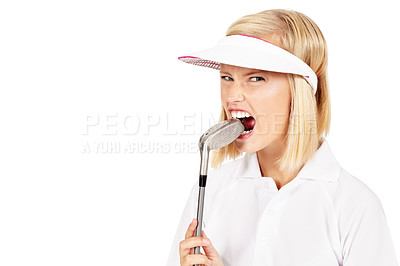 Buy stock photo Golf, mockup and portrait with a woman biting her club in studio isolated on a white background for sports. Sport, stress and mock up with a female golfer frustrated or angry at a competitive match