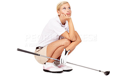 Buy stock photo Bored, young woman and golfer thinking with golf club and white background space isolated. Idea, sports and female athlete model in studio wondering about sport game with full body and mock up space