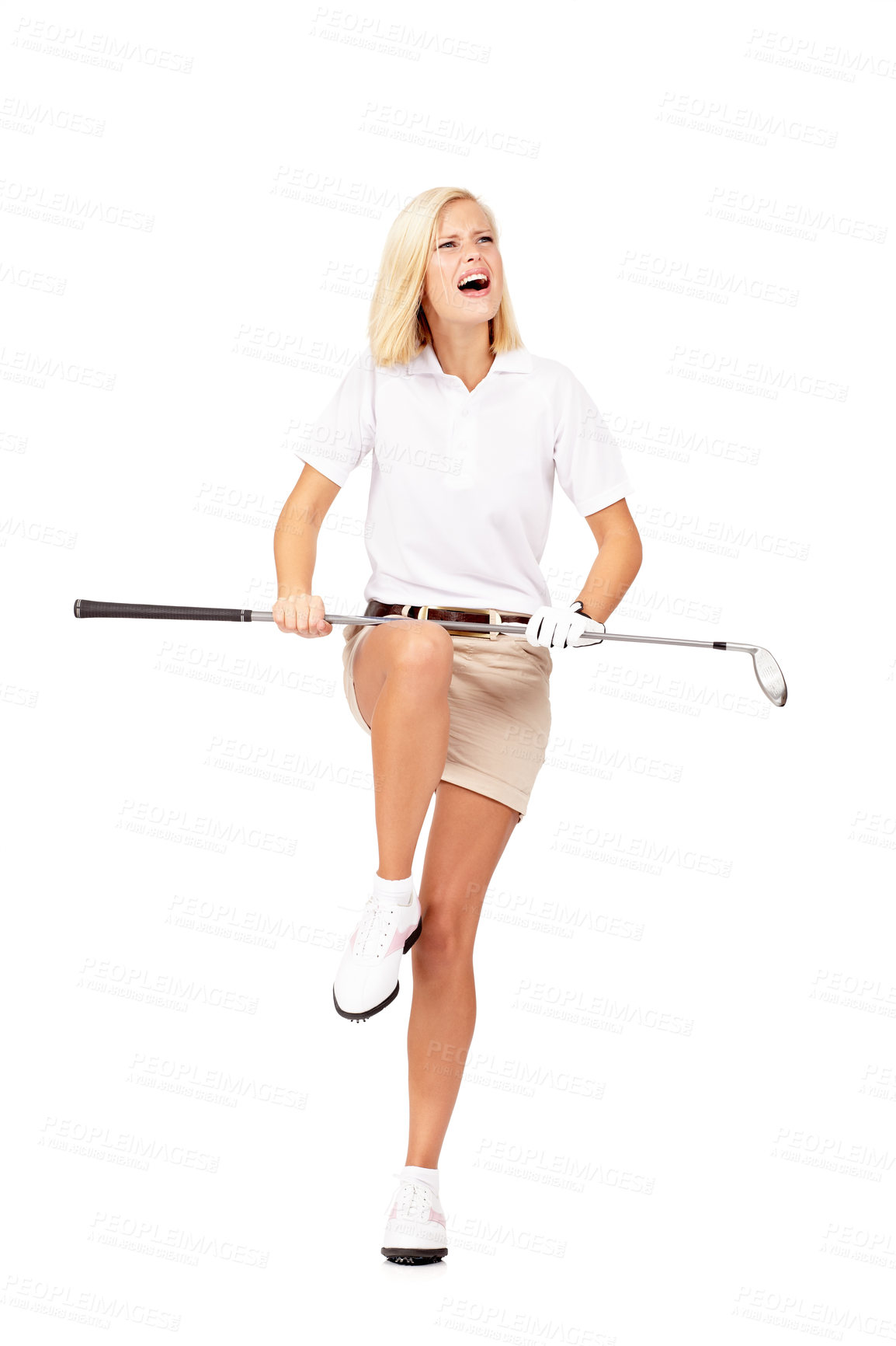 Buy stock photo Golf, anger and mockup with a sports woman breaking her club in studio isolated on a white background. Anxiety, stress and mock up with a female or golfer or athlete feeling frustrated on blank space