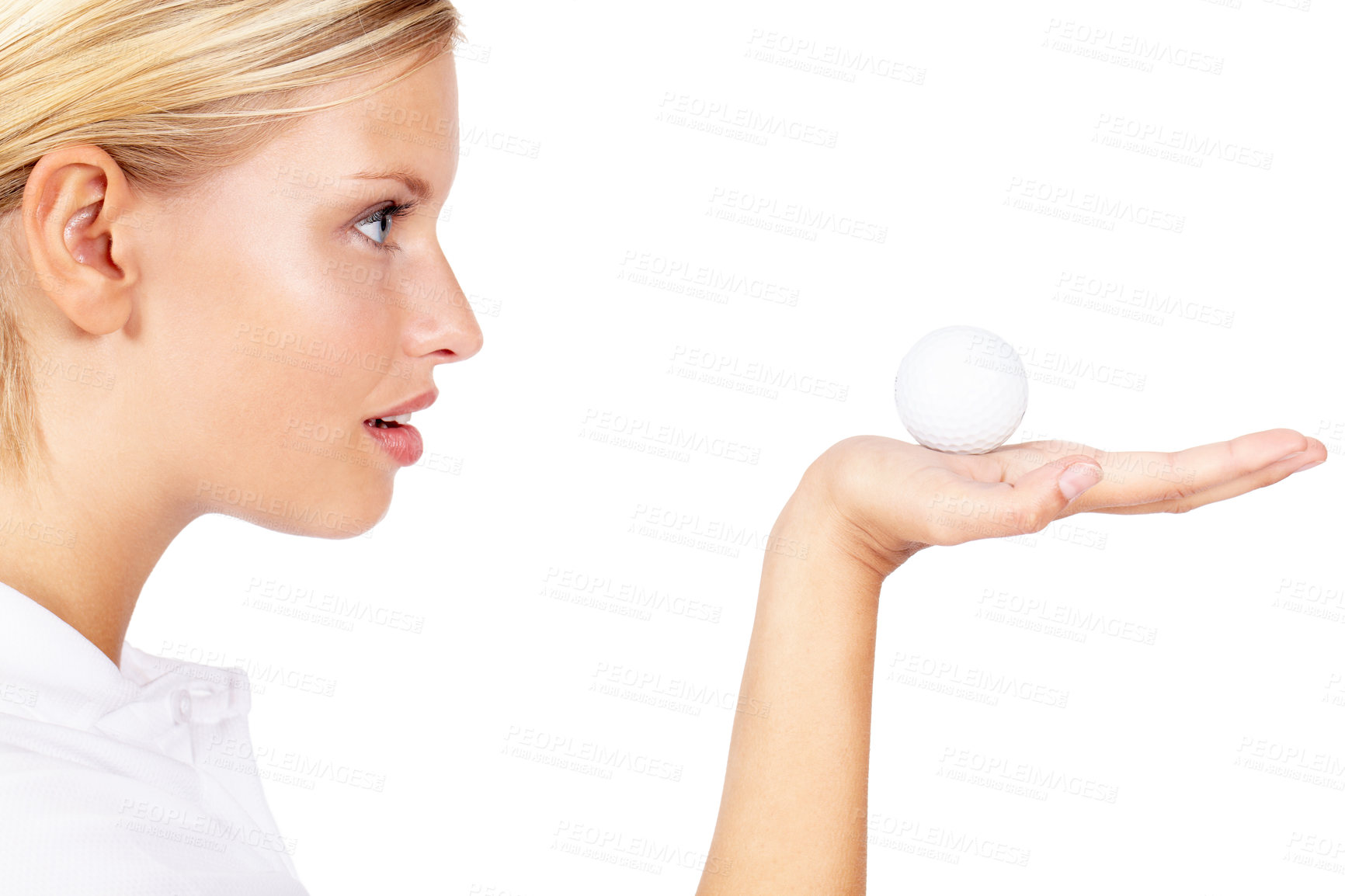 Buy stock photo Woman with golf ball in hand, golf and sport with athlete profile, fitness zoom isolated on white background. Golfer palm, sports motivation and exercise with health, wellness and active lifestyle