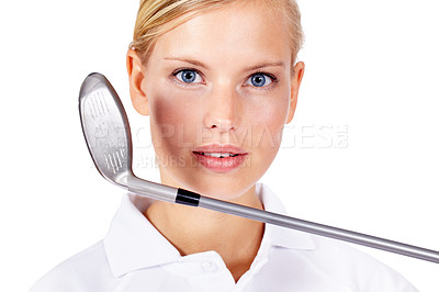 Buy stock photo Golf, sports and portrait of a woman in studio for exercise, fitness training and golfing motivation. Face of female golfer holding golf club while ready for a competition or game on white background