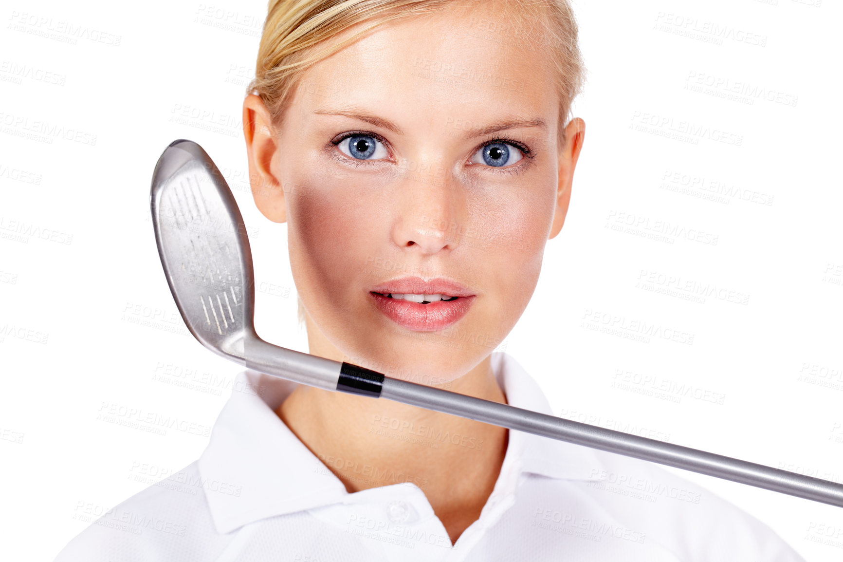 Buy stock photo Golf, sports and portrait of a woman in studio for exercise, fitness training and golfing motivation. Face of female golfer holding golf club while ready for a competition or game on white background